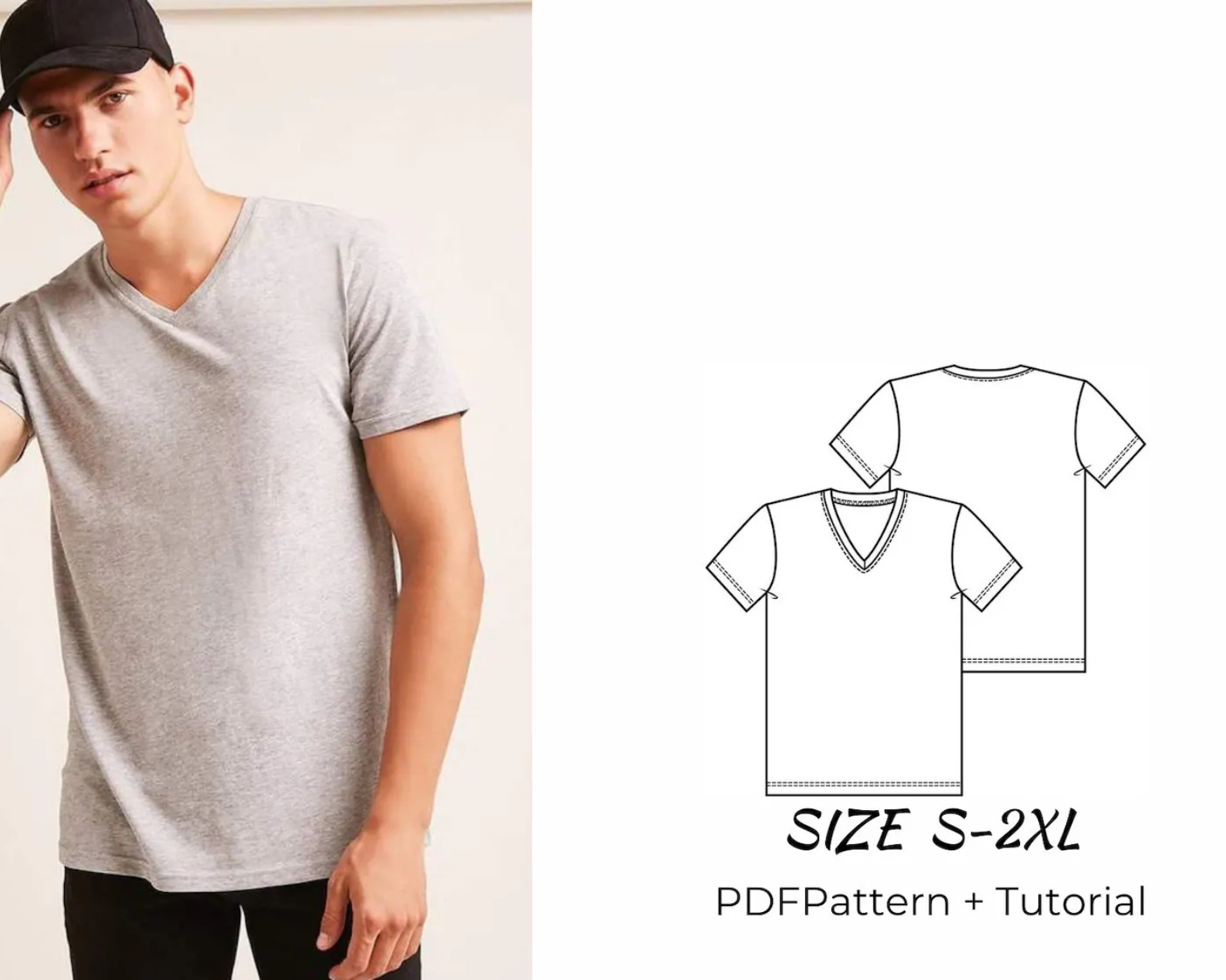 Untitled design (3) Men's V-Neck T-Shirt Sewing Pattern (A4-A0-Letter) (PDF) - Image 1